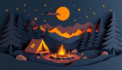 Paper cut art concept. Camping scene with a tent, fire, mountains, and starry night sky.