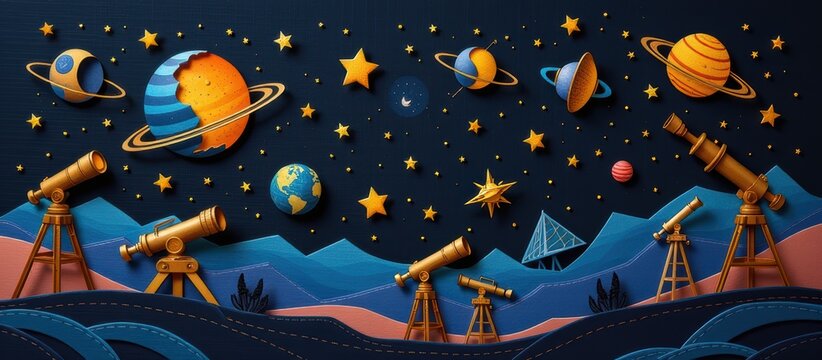 Paper cut art concept. Cosmic scene with telescopes observing planets and stars in night sky.