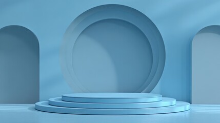 Stunning photo of 3d render, abstract art deco blue background with empty podium. Minimal showcase for product presentation.