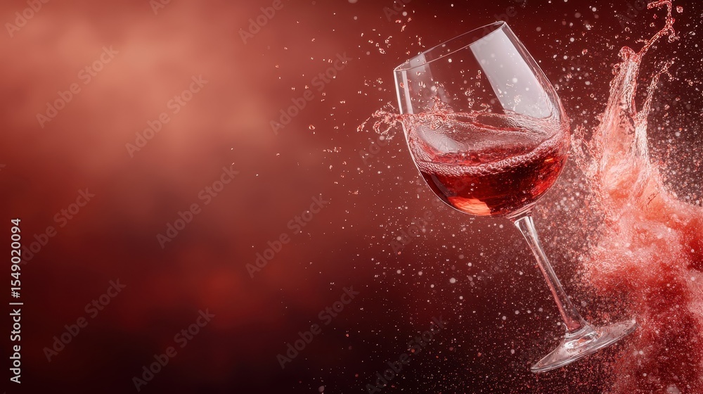 Poster an exquisite image capturing the moment of red wine splashing elegantly from a glass, emphasizing th