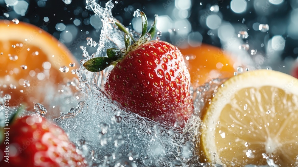 Poster this image illustrates fresh strawberries and lemons splashing into water with splashes and bubbles,