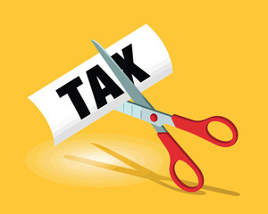 illustration of red scissors cutting a paper with the word tax on a yellow background symbolizing tax cut, budget relief or financial savings