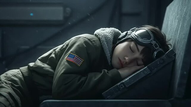 Child in military jacket peacefully sleeping in a futuristic aircraft, with soft lighting and technology