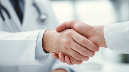 Stunning photo of professional doctor in a white coat extends a friendly handshake to a patient in a medical office, symbolizing a trustful agreement and a positive healthcare.