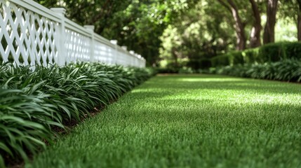 Obraz premium A serene and well-maintained green lawn bordered by a charming white fence, capturing the essence of tranquility and nature's beauty in a bright, sunny day.