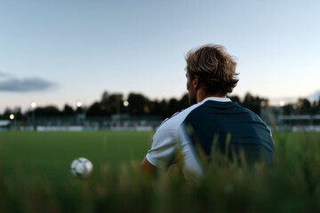 Fototapeta premium Focused male soccer player with man bun sitting on football field during golden hour, thoughtful athlete portrait at dusk