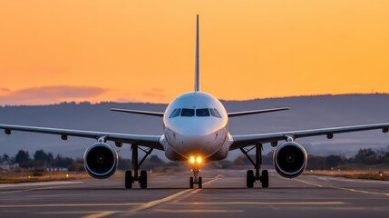 Fototapeta na wymiar A commercial airplane is taxiing on the runway during sunset, showcasing vibrant skies filled with orange and purple hues