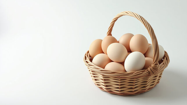 Wicker basket filled with fresh brown eggs, showcasing rustic charm and natural simplicity on a plain background. AI generated.
 - Powered by Adobe