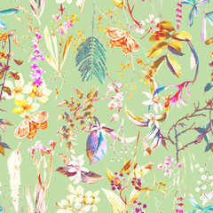 Fototapeta premium Floral botanical seamless pattern with wild flowers, branches with leaves painted in watercolor. Seamless repeating wallpaper with plants and butterfly.