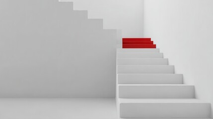 Stunning photo of abstract 3D render shows stairs. White steps lead upward. Red step stands out as next step. Modern design emphasizes progress, success. Blank space for product.