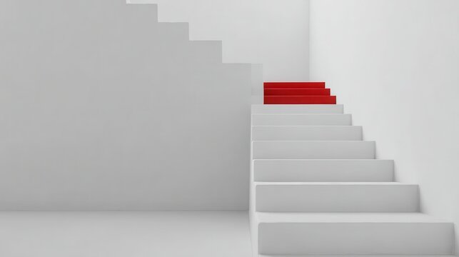 Stunning photo of abstract 3D render shows stairs. White steps lead upward. Red step stands out as next step. Modern design emphasizes progress, success. Blank space for product.