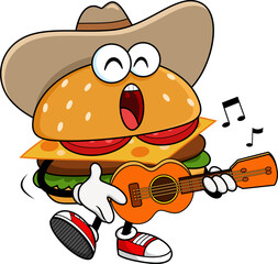 Cowboy Burger Cartoon Character Singing and Playing Guitar - Vector Hand Drawn Illustration Isolated On Transparent Background