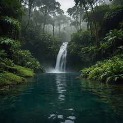 Write about a waterfall cascading into a clear pool deep in a green jungle, surrounded by mist and birdsong