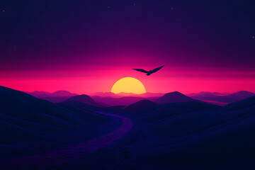 Majestic Sunset Flight Over Neon Desert Hills