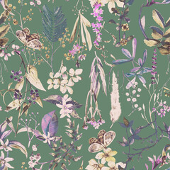 Floral botanical seamless pattern with wild flowers, branches with leaves painted in watercolor. Seamless repeating wallpaper with plants and butterfly.