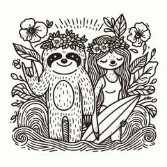 Obraz premium sloth couple wear flower crown wave Surfing. Valentine Love Romance Cupid February Clipart Line Art Vector Illustration. Slow animal pair adorn bloom headgear ocean ride board sport.