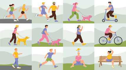 diverse people enjoying healthy outdoor activities including jogging, cycling, walking, stretching, dog walking and relaxation in park