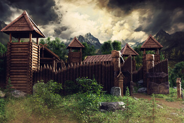 Wooden gateway to an old medieval fantasy settlement with towers among in a green forest.  Image made with 3d resources and painted elements. No AI used.