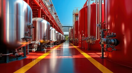 This image showcases a row of large industrial storage tanks, highlighting the metallic details against the vivid red surroundings, providing a striking visual impact.