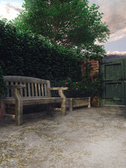 Wooden bench in the backyard in a summer garden with green vines in the background.  Image made with 3d resources and painted elements. No AI used.