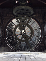Fantasy interior of an old tower clock with the snowy landscape in the background.  Image made with 3d resources and painted elements. No AI used.