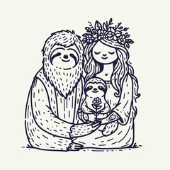 Obraz premium sloth couple wear flower crown Taking care of a pet. Valentine Love Romance Cupid February Clipart Line Art Vector Illustration. Slow pair adorn head wreath domesticating creature loving.