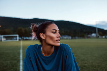 Confident young female soccer player on empty football field in blue jersey, focused athlete in sportswear at sunset