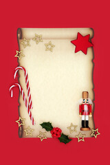 Christmas paper scroll with retro decorations. Nutcracker, candy cane, holly and stars. Fun design...