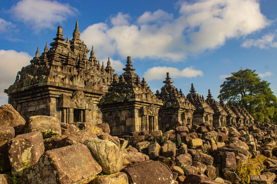 Candi Plaosan, a Buddhist temple located in Klaten Central Java, Indonesia, with a background of Mount Merapi