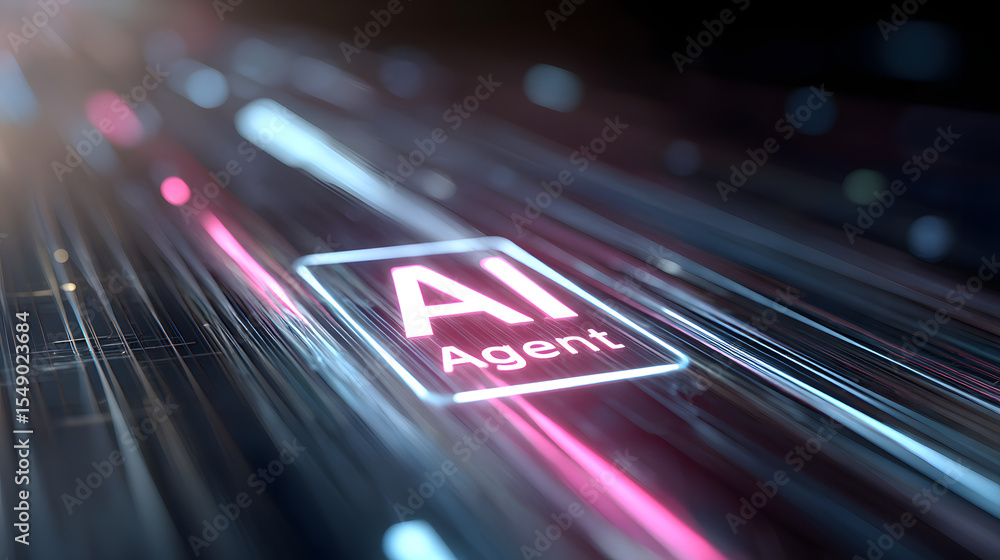 Poster ai agent in the future: a futuristic scene with a vibrant glowing interface displaying 