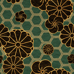 日本の伝統文様　菊とねじり梅　亀甲