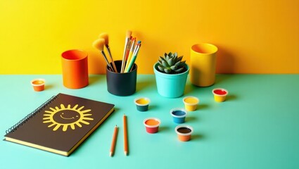 Bright childrens art supplies on teal and yellow background