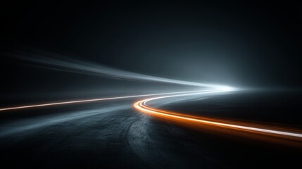 curved motion streak with blue trail and glowing line across the dark road, as the laser beam breaks into light and a bright tail forms the main moving line
