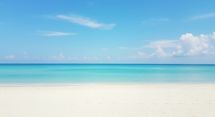 Fototapeta premium Pristine White Sand Beach Meets Turquoise Ocean Under a Summer Sky