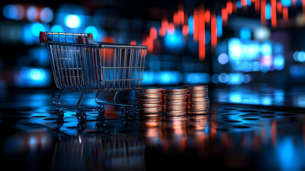 Shopping cart with coins against a blurred financial market background