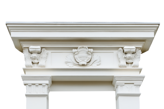 Intricately Designed Architectural Pediment with Ornate Details and Emblem on White Background