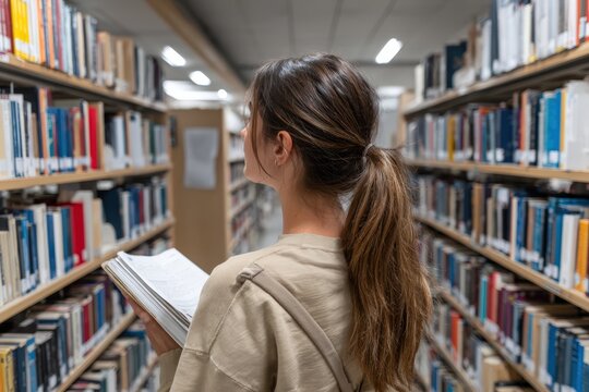 Focused female student in library aisle holding books for academic study or research