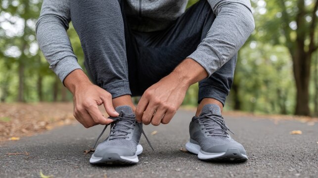 Preparing for a run: person in sportswear tying running shoes outdoors