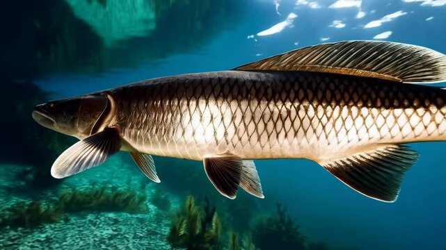 Large fish swimming in deep blue ocean water, sun rays penetrate surface above, scaled pattern on body, fins visible