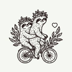 Obraz premium sloth couple wear flower crown Riding a bicycle together. Valentine Love Romance Cupid February Clipart Line Art Vector Illustration. Slow pair adorn floral headpiece journey on cycle.
