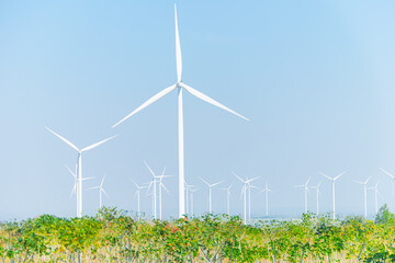 Green energy, Eco power resource, Net zero carbon concept, Wind turbine with green tree on blue sky