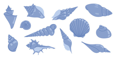 Blue seashell silhouettes on white background. Sea-themed collection of marine elements for summer crafts, packaging, branding, design projects, backgrounds, prints.