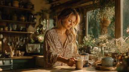 Morning Routine: Woman Making Coffee in Sunlit Kitchen full ofplants