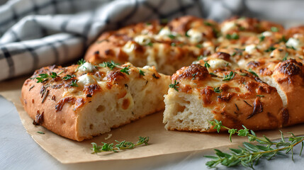 a close-up shot of a delicious focaccia bread on a wooden board, the perfect culinary masterpiece. The bread is golden-brown, and the fresh thyme on the top makes people feel appetite