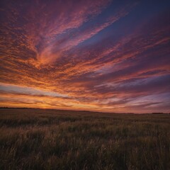 Describe the endless sky above a prairie at sunset, painted in streaks of orange, pink, and purple