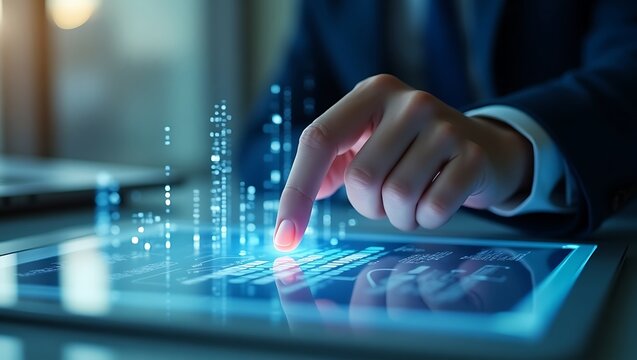 Finger tapping digital signature on floating document interface, corporate vibe.