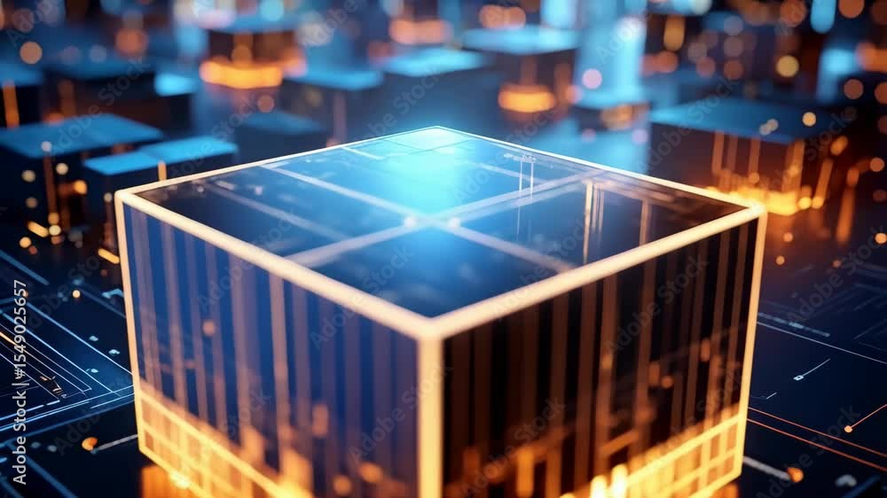 Poster futuristic transparent cube illuminated in orange light with circuit pattern as an illustration for 