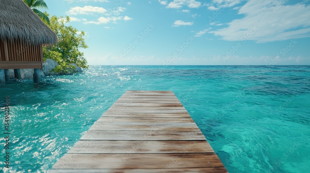 Poster the serene image of a wooden pier extending over azure waters evokes a sense of peace and leisure, i