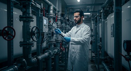 Arab Scientist in Lab Coat Precisely Adjusting Industrial Valves and Gauges