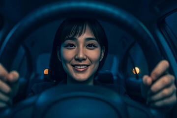 夜ドライブしている女性の顔　ハンドル側からの構図